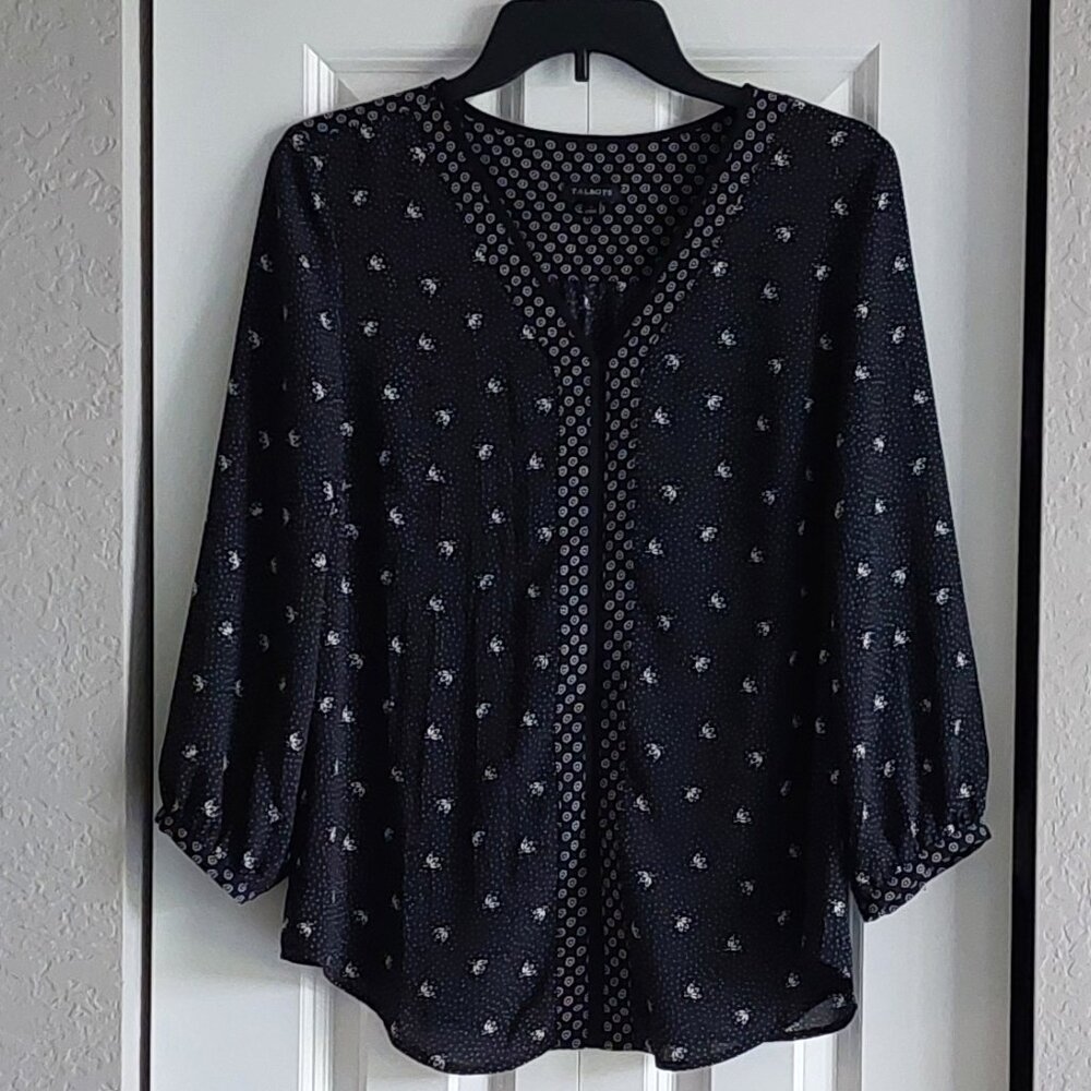 Talbots Black & White Floral Long Sleeve Blouse Women's Size S